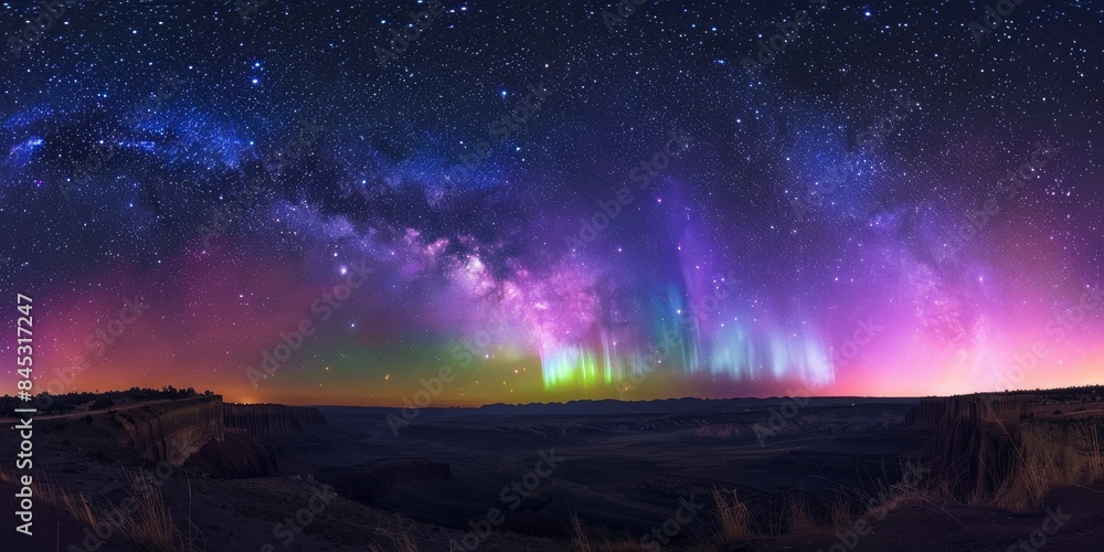 Long exposure photo of fantastic aurora borealis in night sky full of bright stars, beautiful landscape