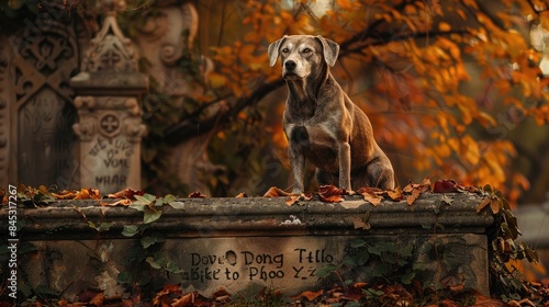 Faithful hound perched by a weathered cemetery sign, with autumn leaves scattered around, conveying a sense of loyalty and memory
