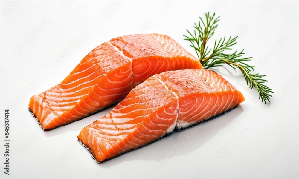 Raw salmon fillets with rosemary sprig on white background Raw salmon fillets with rosemary sprig on white background