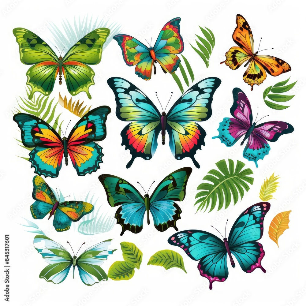 Fototapeta premium White Background with Colorful Jungle Butterflies Vector