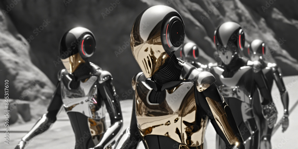 Futuristic Robot Army Marching Through Alien Landscape in Advanced Sci-Fi Technology Concept Futuristic Robot Army Marching Through Alien Landscape in Advanced Sci-Fi Technology Concept
