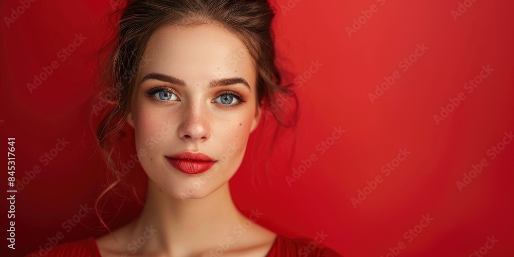 Pretty caucasian woman with sensual facial features looks in front of her on a solid color background, half body photo, space for text Pretty caucasian woman with sensual facial features looks in front of her on a solid color background, half body photo, space for text