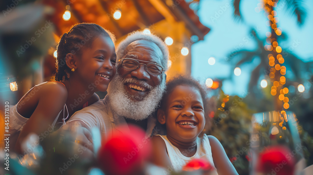A man and two children are smiling and posing for a picture. The scene is festive and joyful, with the man and children enjoying each other's company A man and two children are smiling and posing for a picture. The scene is festive and joyful, with the man and children enjoying each other's company
