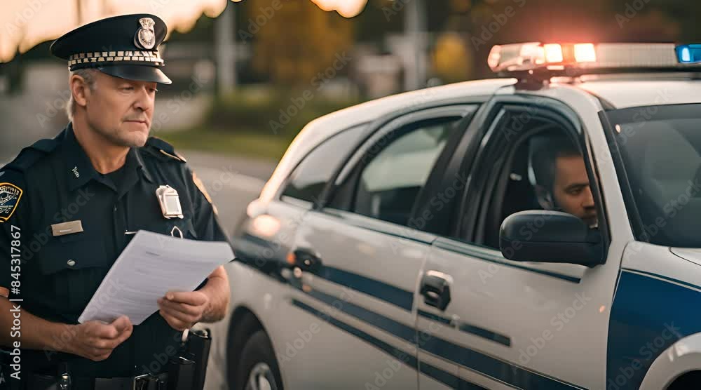Police Officer Inspects Driver's Papers. Law Enforcement Police Officer Inspects Driver's Papers. Law Enforcement