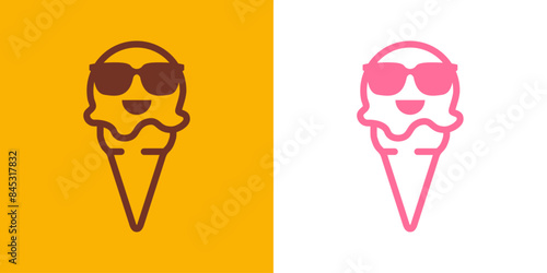 Logo ice cream. Siluera de bola de helado con líneas con gafas de sol en cono de waffle sabores fresa y chocolate