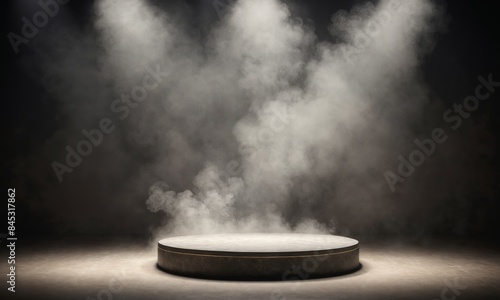 Circular podium in smoky studio setting