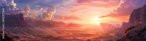 panoramic illustration, dynamic perspective, desert rock platform, fantasy landscape background, cinematic lighting. photo