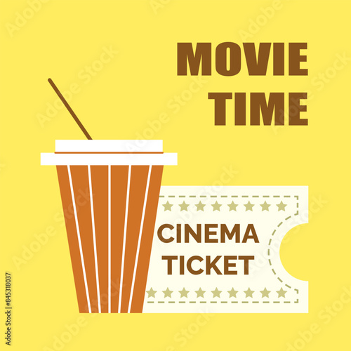 Movie time banner, poster. Soda and cinema ticket. Retro vector illustration