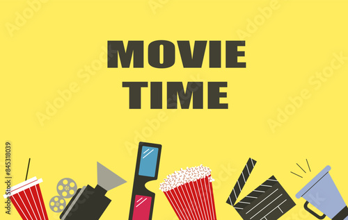 Movie time banner, poster. Popcorn, 3D glasses, clapperboard, soda. Vector illustration