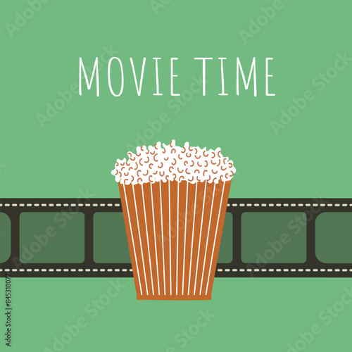 Movie time. Film reel, popcorn. Retro and minimalism style. Vector illustration