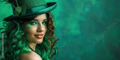 St. Patrick's Day, charming woman with an exciting look, beautiful hair in a festive costume and hat, professional photo, space for text © shooreeq