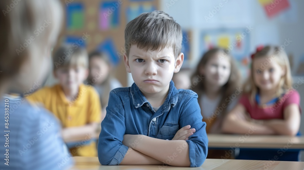Angry sad, upset or bullying kid in the school Angry sad, upset or bullying kid in the school