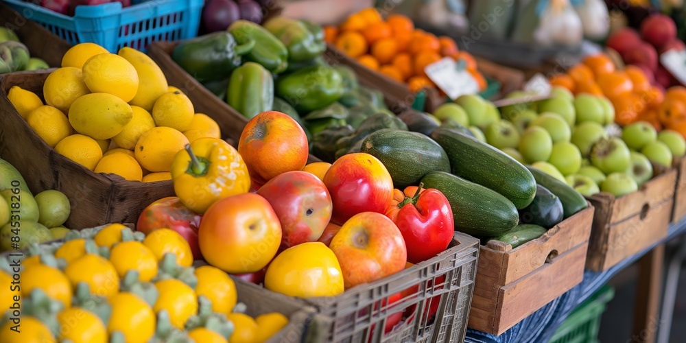 An outdoor market stall abundantly filled with a variety of fresh produce, including vegetables and fruits, showcasing the vibrant and healthy choices available for purchase. An outdoor market stall abundantly filled with a variety of fresh produce, including vegetables and fruits, showcasing the vibrant and healthy choices available for purchase.