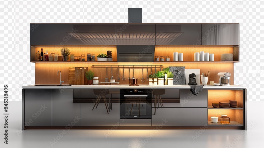 A Vertical Image With A Modern Minimalist Kitchen Room With Aesthetically Pleasing Furnishings. A Vertical Image With A Modern Minimalist Kitchen Room With Aesthetically Pleasing Furnishings.