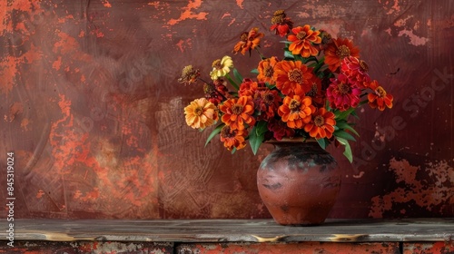 Tagetes flowers in a ceramic vase symbolizing fall photo