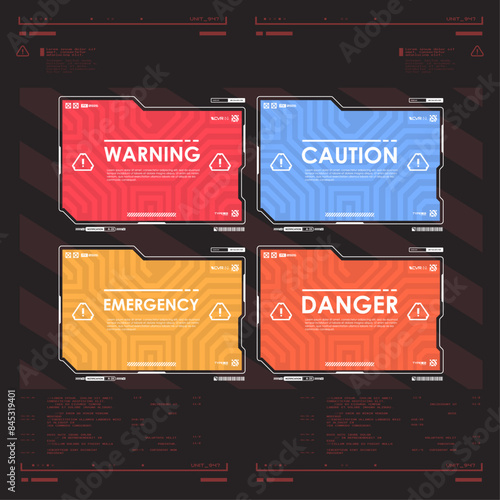 Set of warning, attention and alert symbols. futuristic game screen borders and danger signs, vector UI interface. HUD futuristic cyber technology warning frames