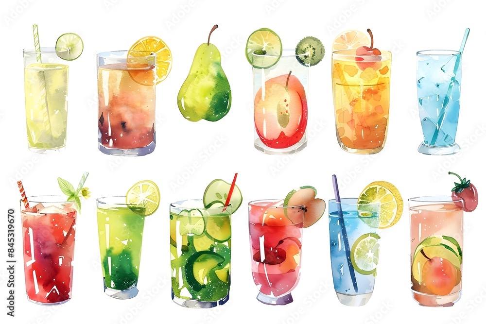 Vibrant Watercolor of Fruity Mocktail and Juice Drinks in Glasses on White Background Vibrant Watercolor of Fruity Mocktail and Juice Drinks in Glasses on White Background