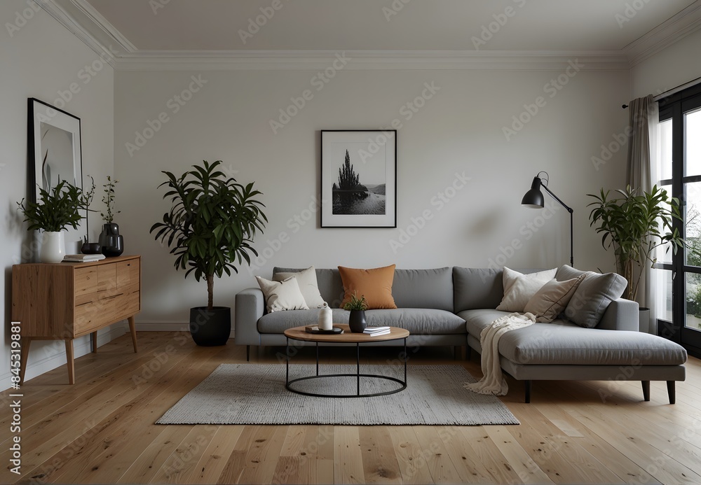 Spacious modern living room with a sleek sofa Spacious modern living room with a sleek sofa