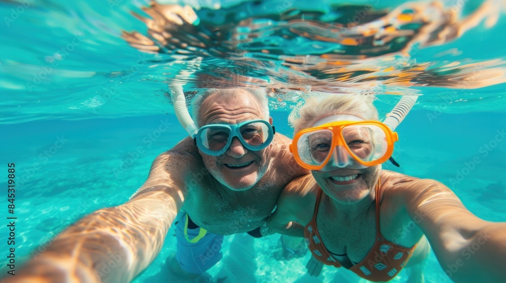Fototapeta premium Summer, senior happy couple takes selfie in tropical sea with water camera