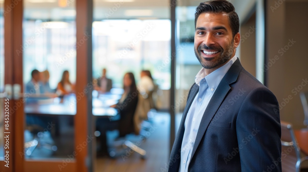A businessman standing at the entrance to a boardroom with a group of coworkers meeting in the background A businessman standing at the entrance to a boardroom with a group of coworkers meeting in the background