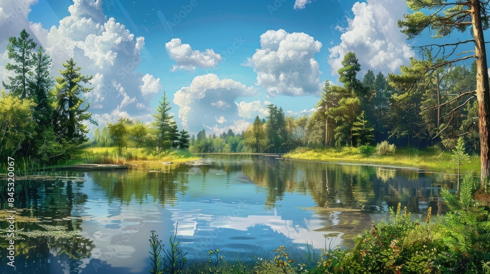 Obraz premium Summer scenery featuring a forest pond with trees and clouds in the background