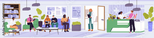 Patients are in queue for doctor treatment. People are on sofa in waiting room of hospital horizontal banner. Medic appointment in clinic. Medical center reception interior. Flat vector illustration