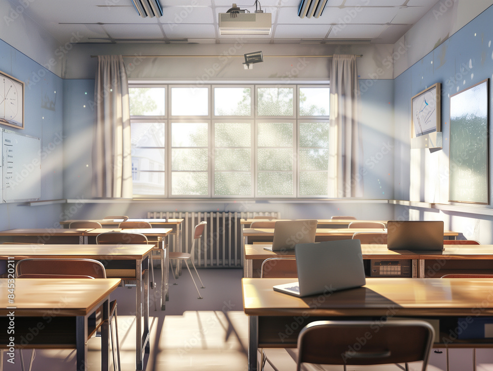 laptop on desk in classroom. laptop on desk in classroom.