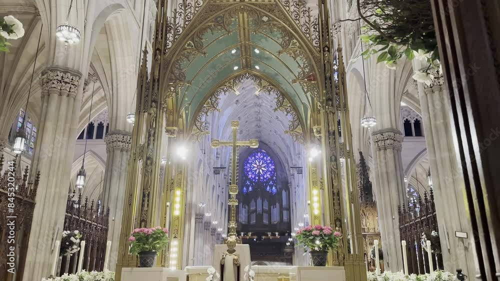 A stunning view of a gothic cathedral's sanctuary, highlighting its golden altar, intricate details, and beautiful stained glass windows. A stunning view of a gothic cathedral's sanctuary, highlighting its golden altar, intricate details, and beautiful stained glass windows.