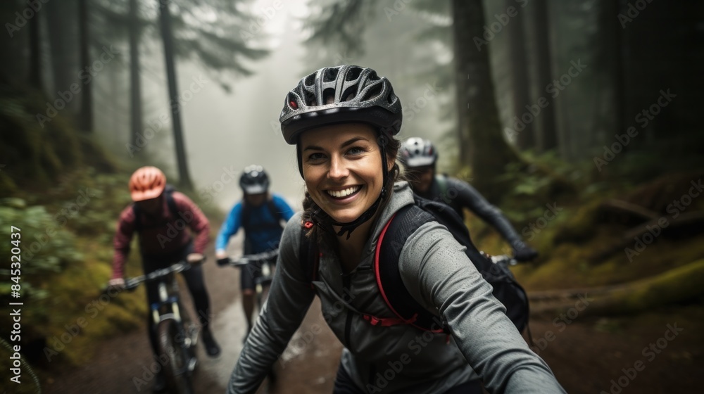 A woman in cycling gear riding her mountain bike with friends along a trail in a misty forest A woman in cycling gear riding her mountain bike with friends along a trail in a misty forest