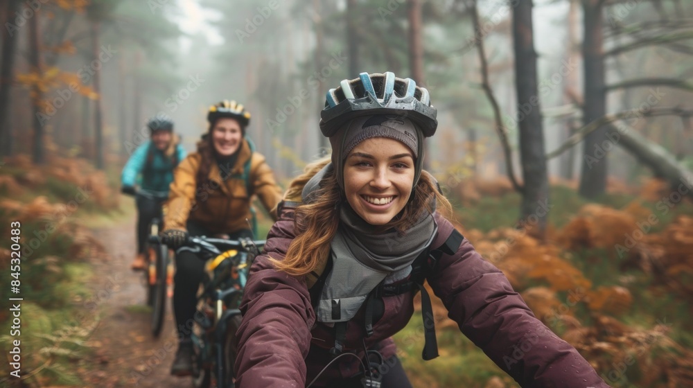 Fototapeta premium A woman in cycling gear riding her mountain bike with friends along a trail in a misty forest