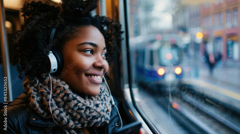 A woman using her cellphone while looking out of a metro train window during her daily commute A woman using her cellphone while looking out of a metro train window during her daily commute