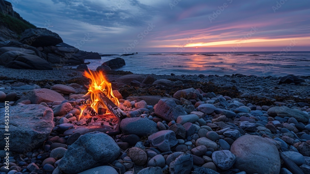 Lonely fire on a rocky seashore at dusk Lonely fire on a rocky seashore at dusk