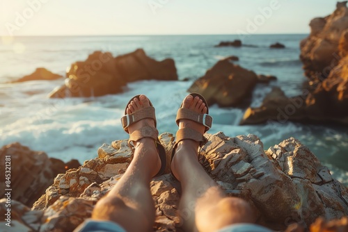 A pair of denim shorts and stylish sandals on a sunlit rock