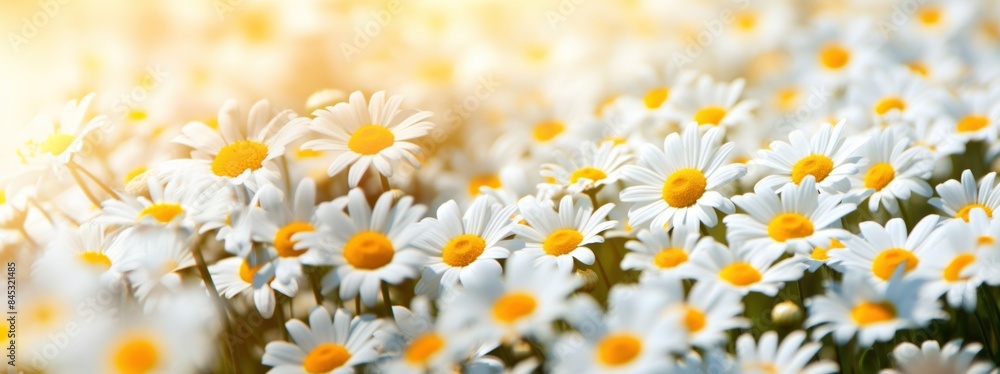 A field of chamomile flowers, bathed in sunlight, with a slightly blurred background. A field of chamomile flowers, bathed in sunlight, with a slightly blurred background.