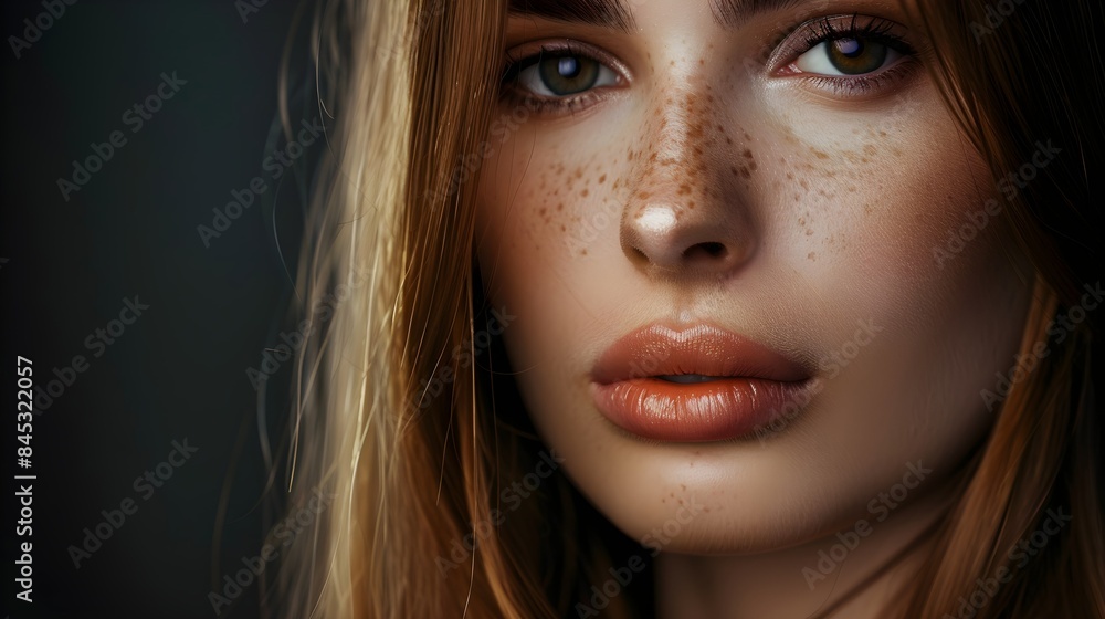 Fototapeta premium A beautiful young female model on a dark background with perfect skin, portrait of a girl of model appearance with straight hair