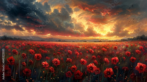 An oil painting of an amaryllis field under a dramatic sky, storm clouds rolling in, vibrant amaryllis flowers contrasting with the dark sky. photo