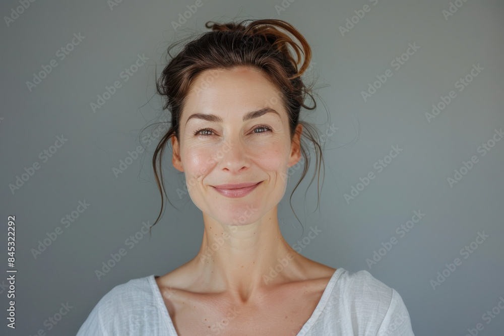A close up portrait of a woman with a subtle smile A close up portrait of a woman with a subtle smile