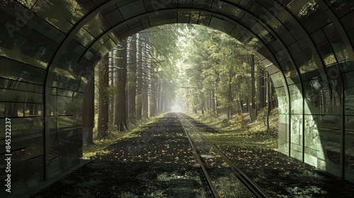 Perspective of a tunnel showing a scene within a forest