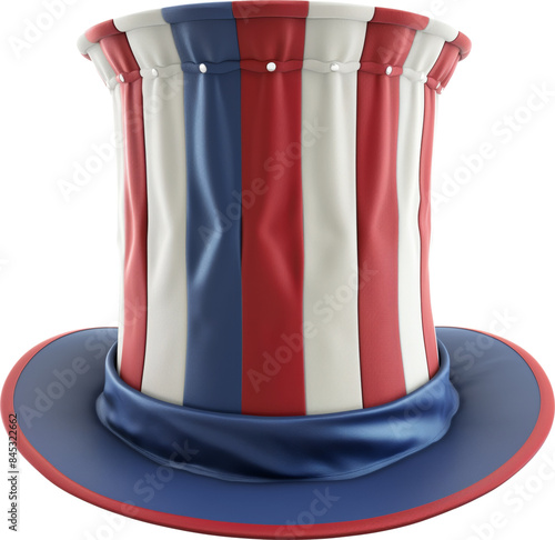 Red, white, and blue striped patriotic top hat isolated on transparent background.