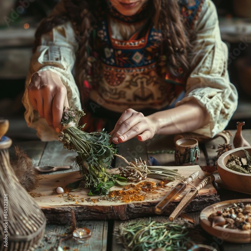 Woman preparing a natural remedy with herbs and flowers on a rustic wooden table. She is using traditional tools and techniques; shaman medicine woman. 