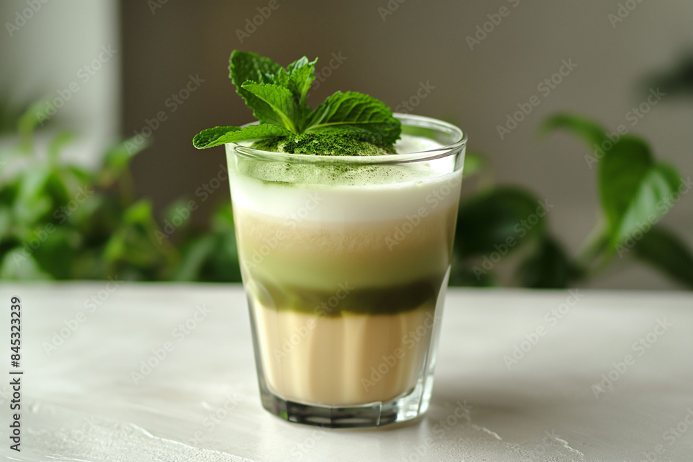 Φωτογραφία A green and beige layered matcha latte drink with mint leave in a glass, bathed in sunlight beside green foliage, perfect for spring and healthy lifestyle marketing