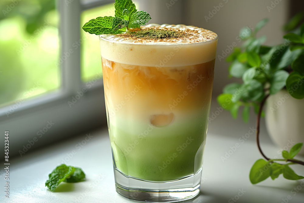 A green and beige layered matcha latte drink in a clear glass, bathed in sunlight beside window, perfect for spring and healthy lifestyle marketing. Healthy summer drink. Copy space A green and beige layered matcha latte drink in a clear glass, bathed in sunlight beside window, perfect for spring and healthy lifestyle marketing. Healthy summer drink. Copy space