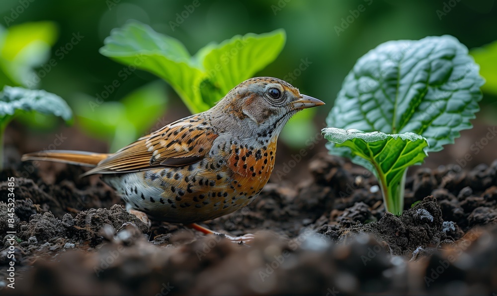 Song thrush walking on brown ground with grass and a seedling green leaves background Song thrush walking on brown ground with grass and a seedling green leaves background