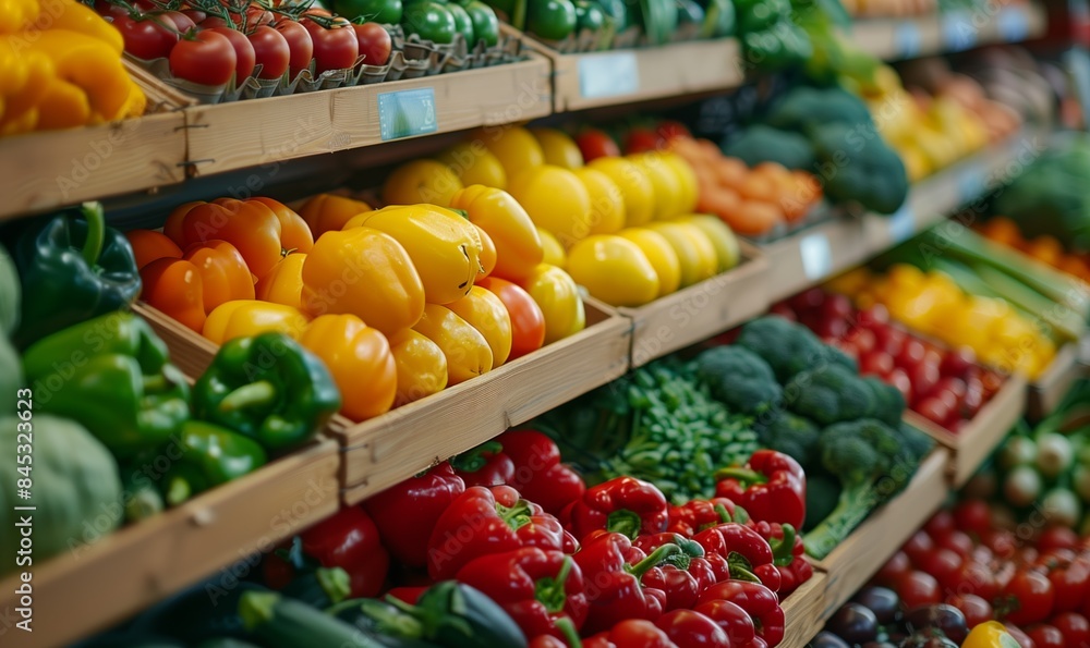 Fresh organic vegetables at the market, tomatoes, peppers, lettuce, broccoli, zucchini, lemons