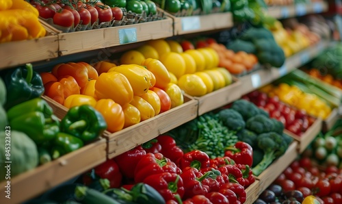 Fresh organic vegetables at the market, tomatoes, peppers, lettuce, broccoli, zucchini, lemons © anatoliycherkas