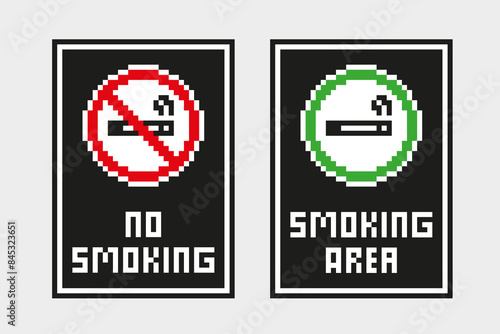 Pixel art sticker of no smoking sign and allowed smoking area sign. Vector illustration on isolated background.