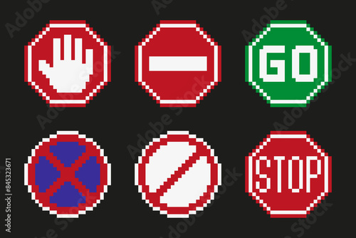 Collection set of pixel art sign road, stop and go signs. Vector illustration on isolated background.