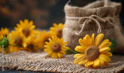 Composition with burlap sack and yellow sunflower flowers. Front view, design element