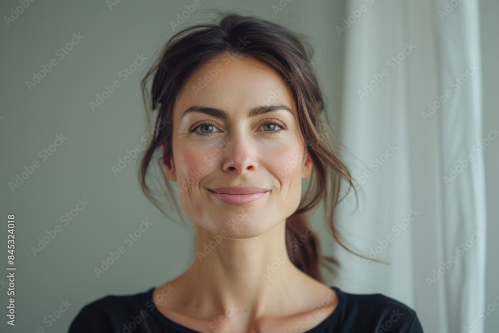A close up portrait of a woman with a subtle smile A close up portrait of a woman with a subtle smile