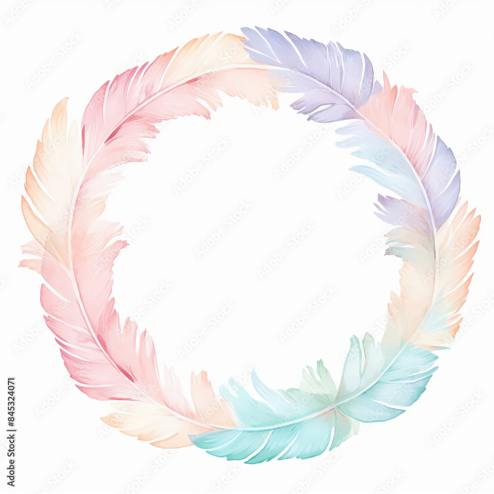 A circular arrangement of delicate feathers painted in soft pastel watercolors, forming a beautiful wreath, isolated on a white background. A circular arrangement of delicate feathers painted in soft pastel watercolors, forming a beautiful wreath, isolated on a white background.